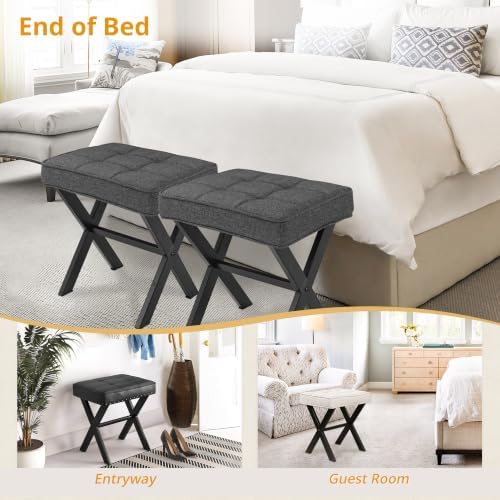 LUE BONA Vanity Stool, Square Linen Makeup Stool with Metal X Legs, Small Ott...