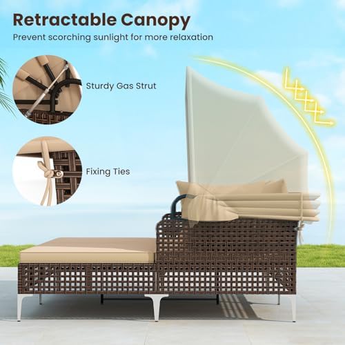 Tangkula Outdoor Rattan Daybed with Retractable Canopy, Boho Patio Wicker Sun...
