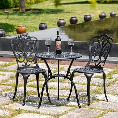 Outdoor Bistro Set 3 Piece Patio Bistro Set, Cast Aluminum Bistro Table and C...