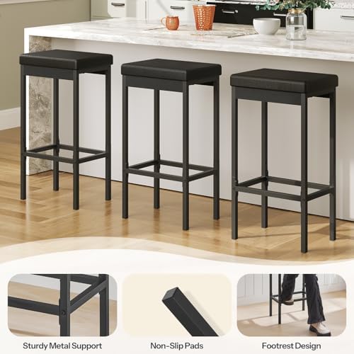 HOOBRO Bar Stools, Set of 3 Modern Black Rectangular Bar Chairs, 24.8-Inch He...