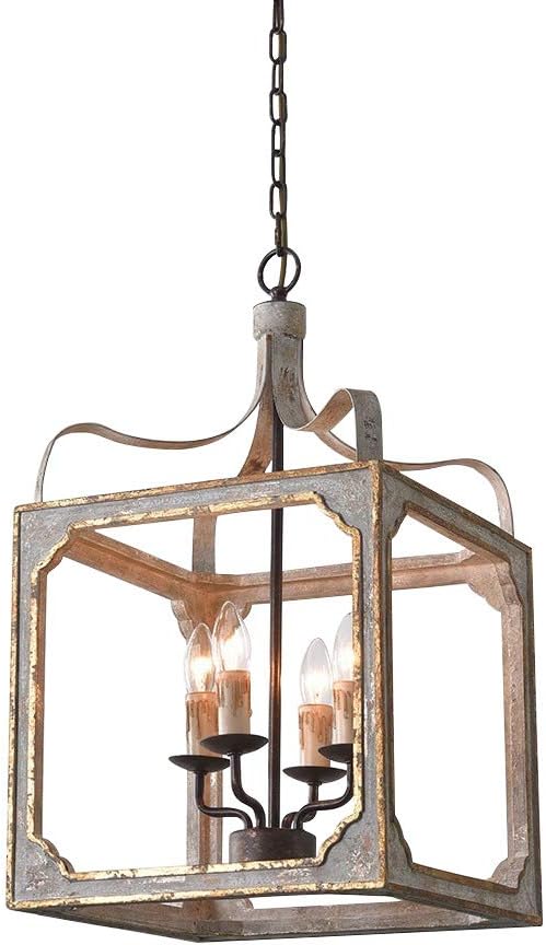 LOVEDIMA French Country Chandelier 4-Light Lantern Pendant Lighting Square Wo...