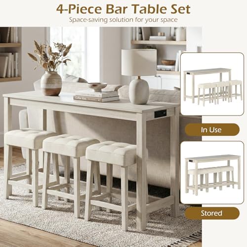 COSTWAY 4-Piece Breakfast Nook Bar Set with Built-in Charging Station