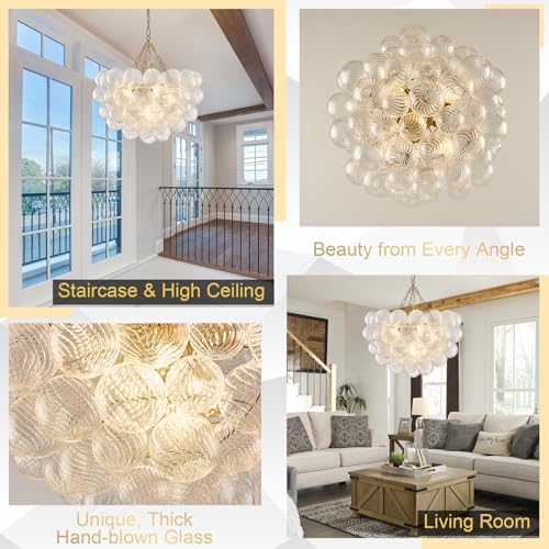 Dia 24" Bubble Chandelier, 5-Light Clear Hand Blown Glass Chandelier Gol...