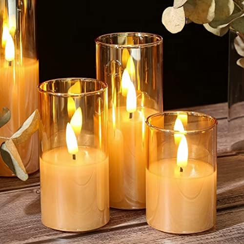 Eywamage Amber Gold Glass Flameless Pillar Candles with Remote Set of 5
