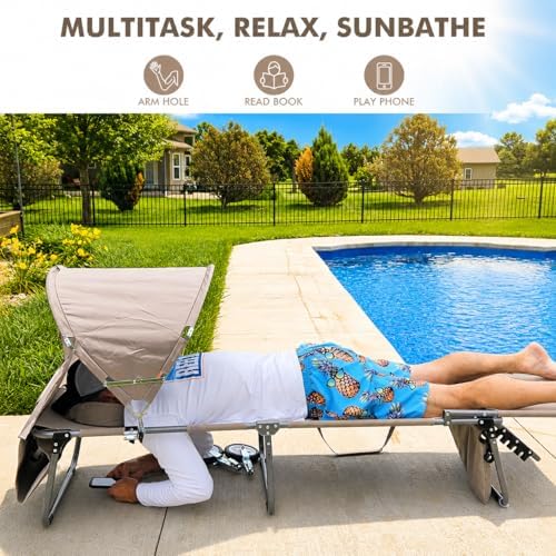 Wheel-To-Go Tanning Chair with Wheels Sun Canopy Umbrella Face Hole Thicker W...
