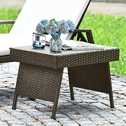 LDAILY Outdoor Side Table, Portable Wicker Coffee Table with Rattan and Steel...