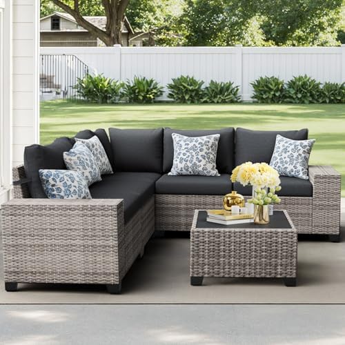 JOIVI 6 PCS Patio Furniture Set, 8" Armrest Outdoor Sectional Sofas, Black