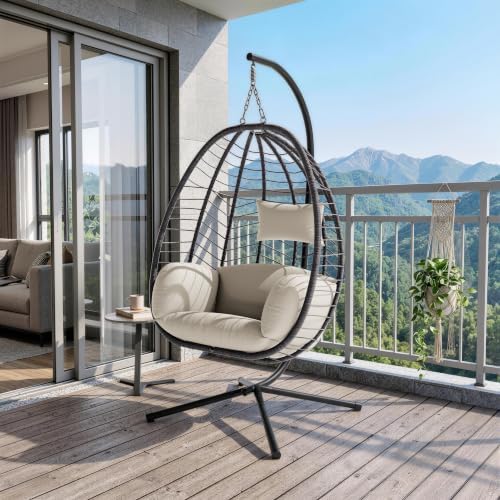 ALAULM Foldable Egg Chair with Stand, 485LBS Capacity Wicker Rattan Hammock S...