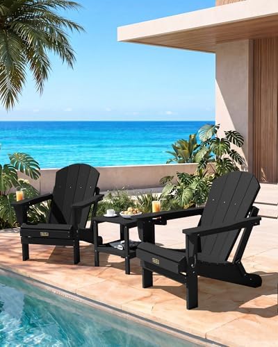 SERWALL Folding Adirondack Chair with Cup Holder Set of 2, Fire Pit - Black