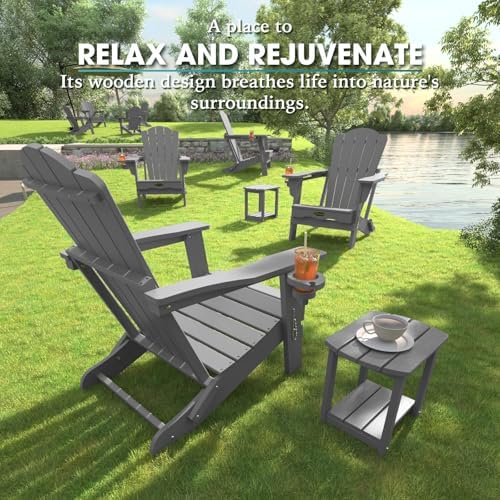 THOEOE Folding Adirondack Chair, All-Weather Fire Pit Chair with Cup Holder