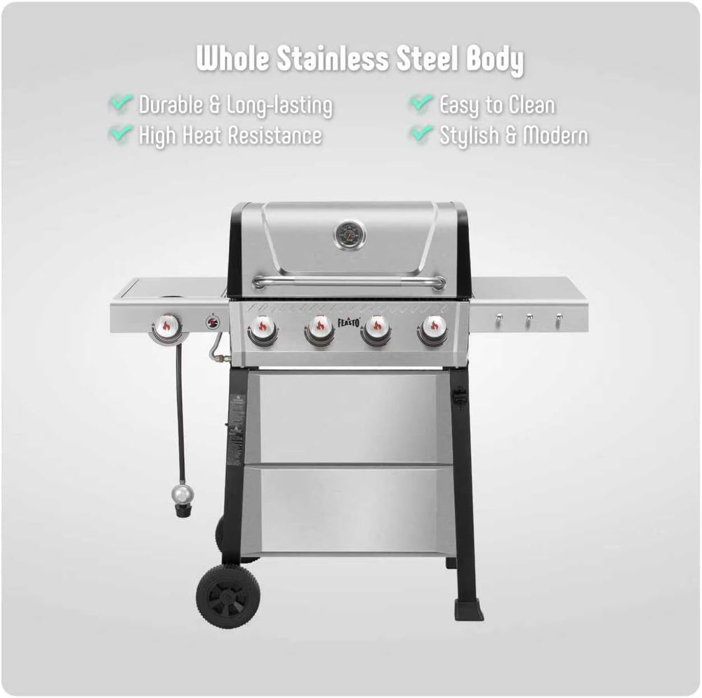 Feasto 4-Burner Propane Grill with Ceramic Burner Chamber & Side Burner