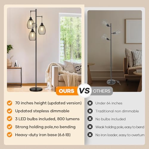 Dimmable Floor Lamp, 3 x 800LM LED Edison Bulbs Included, Farmhouse Industria...
