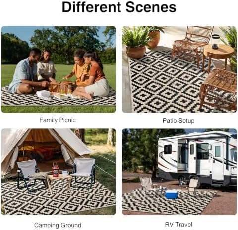 OLANLY Outdoor Rug 5x8 ft Waterproof Reversible Mat, Black & Beige