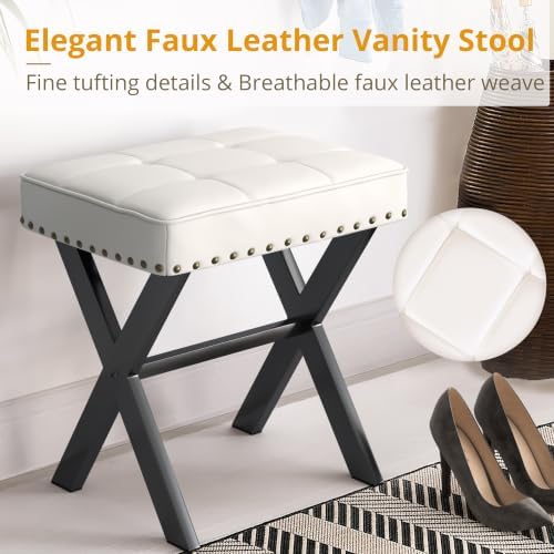 LUE BONA White Vanity Stool - Square Faux Leather Makeup Seat With Metal X Le...