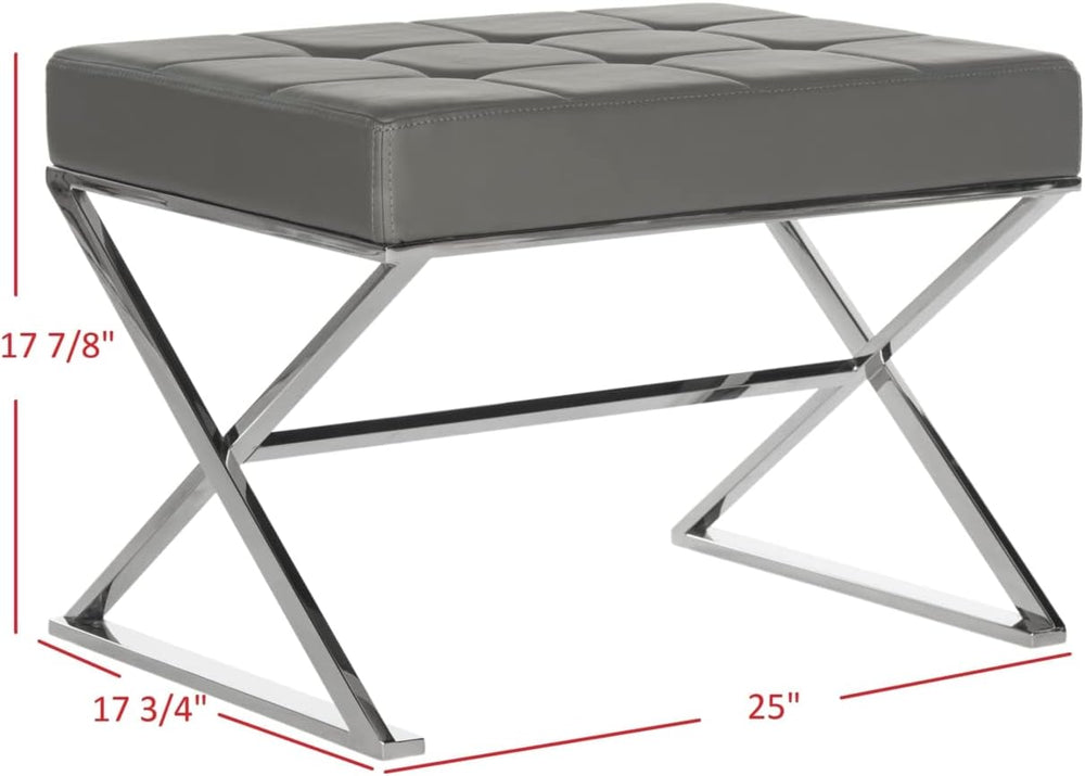 Safavieh Home Collection Micha Modern Glam Cream Tufted and Silver Steel Ottoman
