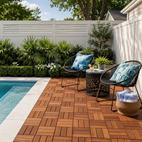 THYOI Acacia Wood Interlocking Deck Tiles (12" x 12"), Deck Floorin...