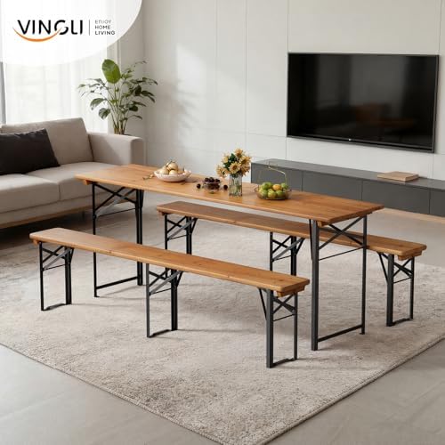 VINGLI 70 Inch Folding Picnic Tables with Benches Set, Weather-Resistant Wood...
