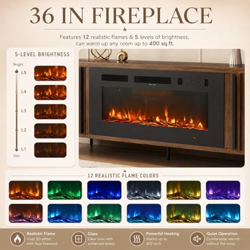 Luxury Fluted TV Stand with Fireplace, 70 inch, Brown