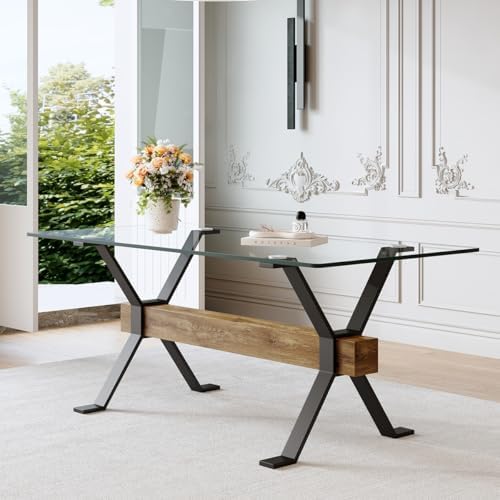 Glass Dining Table 71"｜Modern Dining Table for 6-8｜0.4" Thick Tempe...