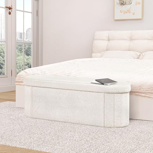 B FSOBEIIALEO 43.3" Sherpa Ottoman with Storage for Living Room,Cream White