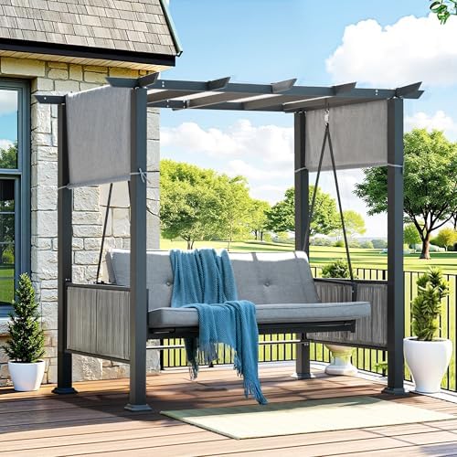 Pamapic 3-Seat Porch Swing with Stand, 990 LBS 2 in 1 Convertible Bed Patio S...