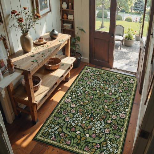 Moynesa Floral Green 4x6 Rug, Boho Washable Rugs for Living Room, Non Slip So...