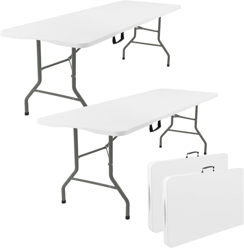 2 Pack 5 Feet Portable Folding Table White, Steel Legs Fold-in-Half with Carr...