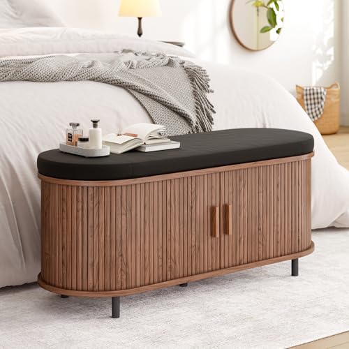 ONBRILL 43" Shoe Bench with Storage, Fluted Shoe Storage Bench, Walnut