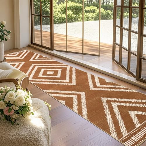 Brown Boho Hallway Runner Rugs 2x10ft Non Slip Washable for Kitchen