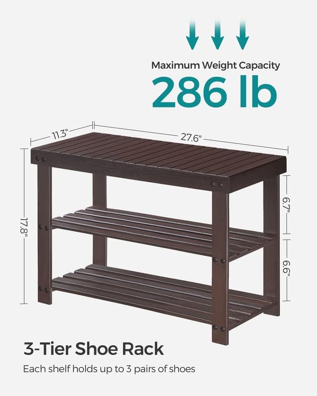 SONGMICS Shoe Rack Bench, 3-Tier Bamboo Shoe Storage Organizer, Entryway Benc...