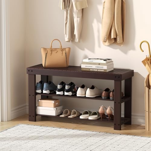 NEWBULIG Shoe Rack Bench, 3-Tier Bamboo Shoe Organizer, Wooden Entryway Stora...