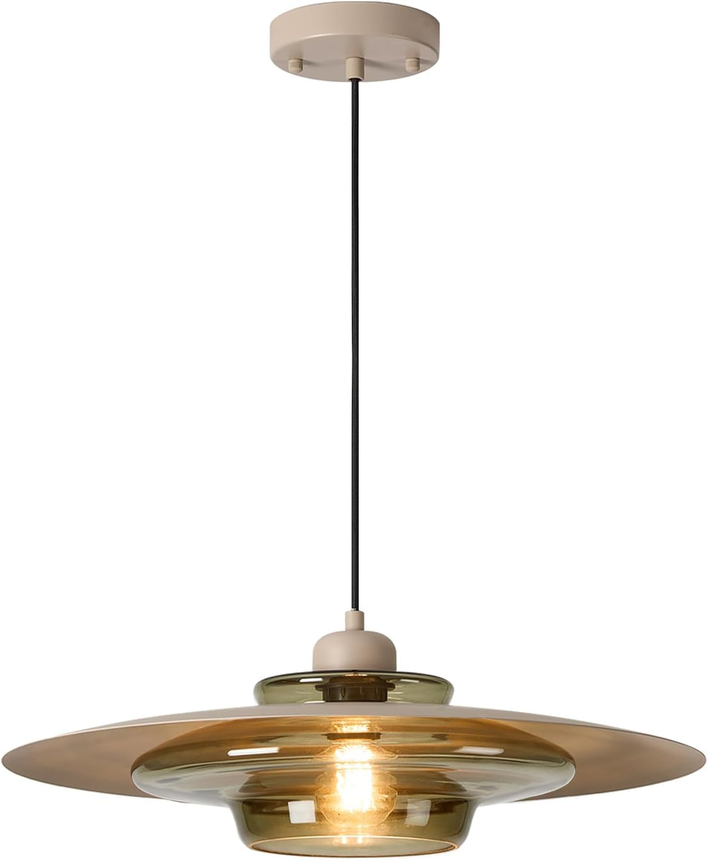 TeHenoo Modern Pendant Light, Light Brown Shade, Deep Green Glass