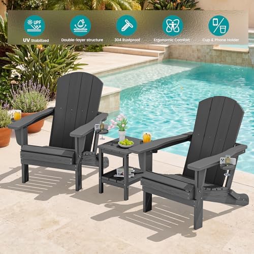 SERWALL Outdoor Adirondack Chair Set of 2 with 2 Cup Holders,Foldable,Grey