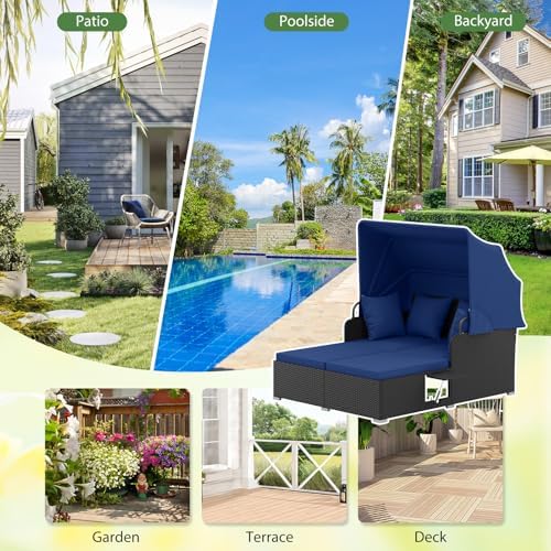 ORALNER Outdoor Daybed, 2-Person Wicker Patio Sofa with Retractable Canopy, C...