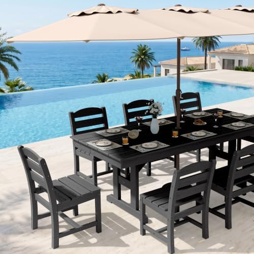 KINGYES Outdoor Dining Set,84'' Table w/Umbrella Hole & Armless C...