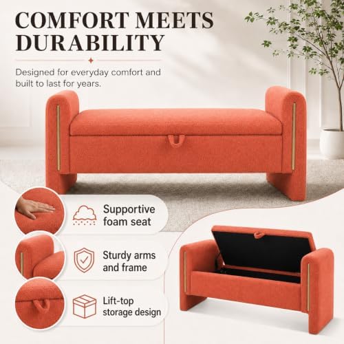 52" Upholstered Storage Bench, Orange, Armrests, Wood Frame
