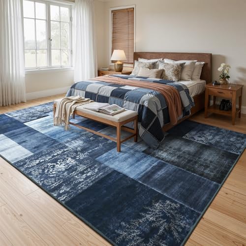 DweIke Washable Area Rugs 4x6 for Living Room, Modern Geometric Navy Blue Sof...