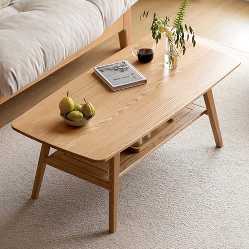 Modern Solid Oak Wood Coffee Table, 2-Tier Small Wooden Coffee Table with Sto...