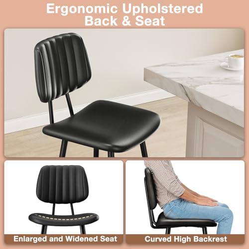 Raynesys 24-Inch Leather Bar Stools Set of 2 with High Backrest, Black