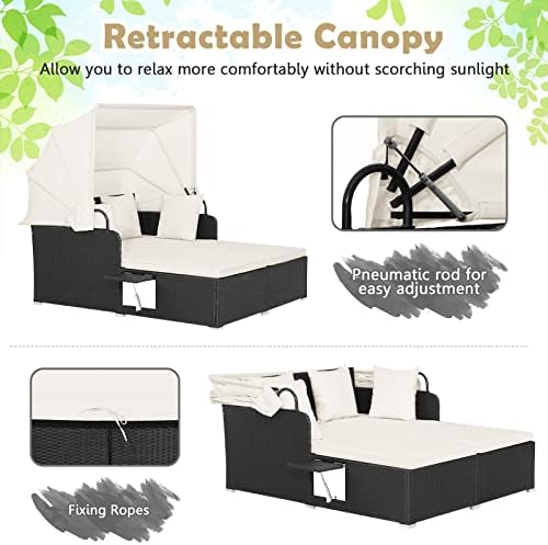 Tangkula Patio Rattan Daybed with Retractable Canopy, Outdoor Wicker Sunbed L...