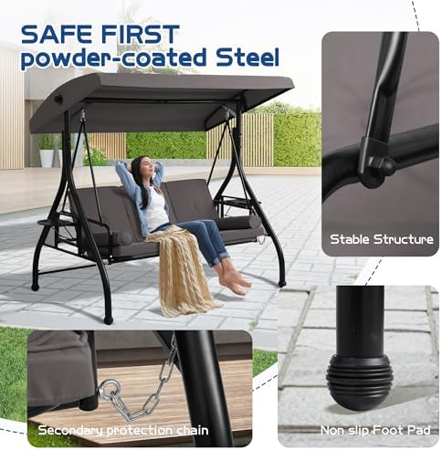 Porch Swings with Adjustable Canopy, 3 Seat Outdoor Swing Bed, Gray