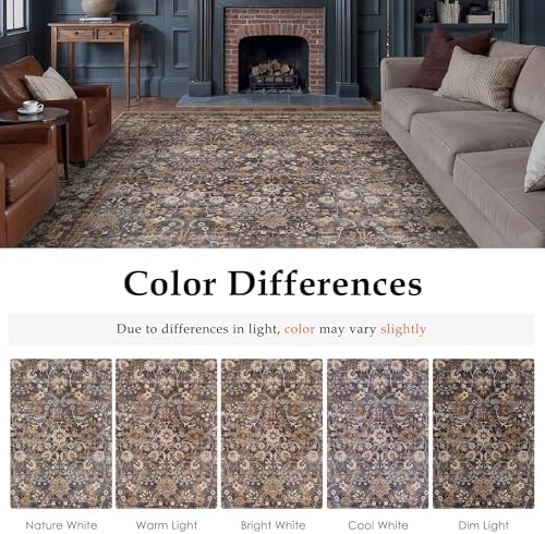 HUGEAR 8x10 Brown Blue Vintage Floral Washable Area Rug for Living Room