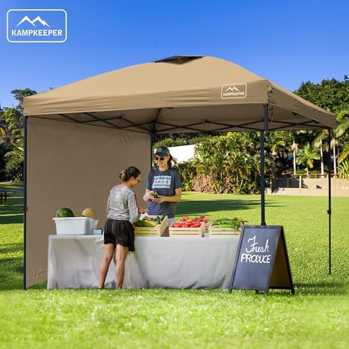 KAMPKEEPER Outdoor Pop-Up Canopy Tent with 2 Sidewalls, Khaki, 10 x 10 Ft