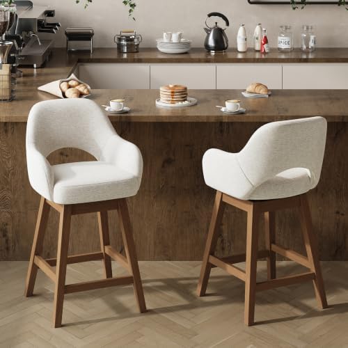 Swivel Bar Stools Set of 2, Modern Fabric Upholstered Counter Height Stools w...