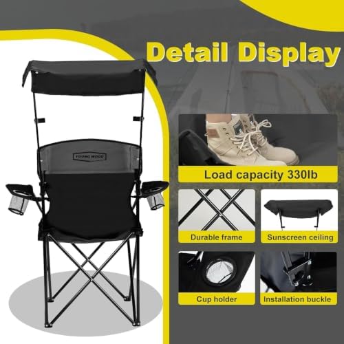 YOUNG WOOD Camping Chair with Canopy, Beach Chair with Shade,Portable,Lightwe...