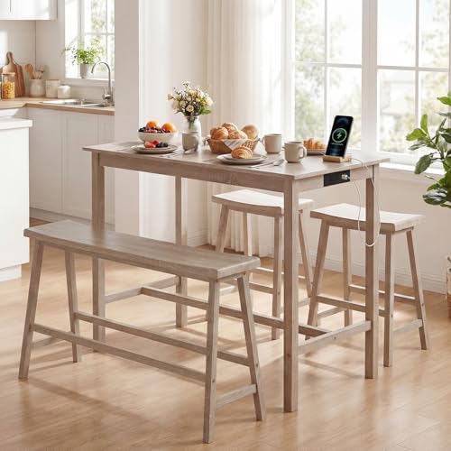 GIANTEX 4-Piece Counter Height Dining Table Set with Power Outlet, Solid Rubb...