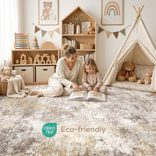 Nakagishi 9X12 Abstract Washable Area Rugs for Living Room-Golden Brown