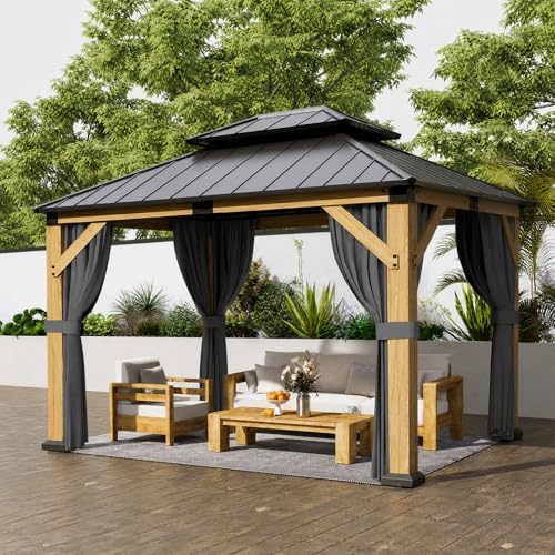 Jocoevol 10' X 12' Wood Gazebo Cedar Wooden Hardtop with Curtains &am...