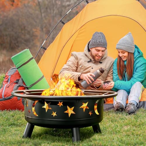32 Inch Round Fire Pit with Mesh Cover, Fire Poker, Star and Moon Design, Met...