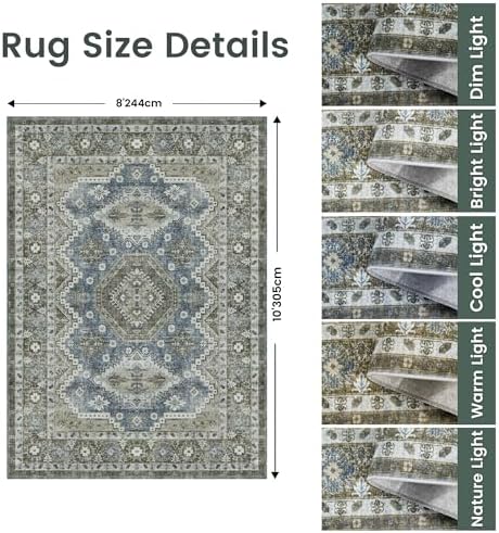 Rugland 8x10 Area Rugs for Living Room, Vintage Washable Area Rug, Green